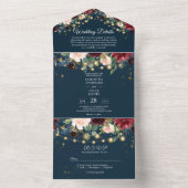 Rustic Bourgondië Navyblauw & Rode Bloemen & Licht All In One Uitnodiging (Binnen)