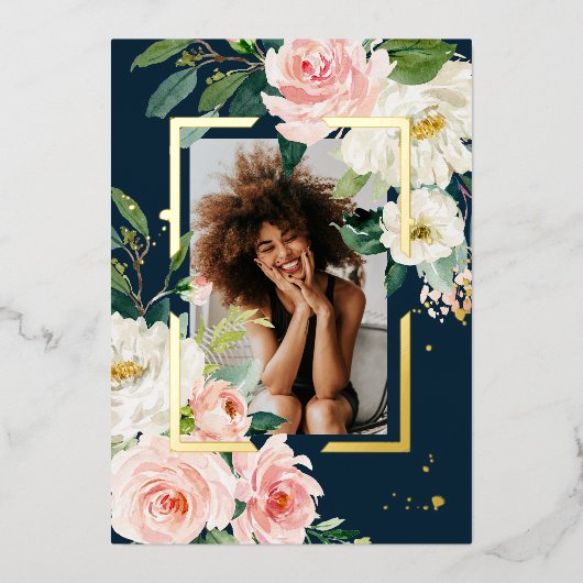 Rustic Bourgondië Navyblauw & Roze Bloem Echt Foli Folie Uitnodiging (Voorkant)