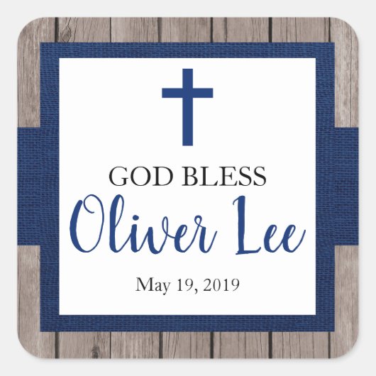 Rustic Boy Baptism God Bless Favor Vierkante Sticker (Voorkant)
