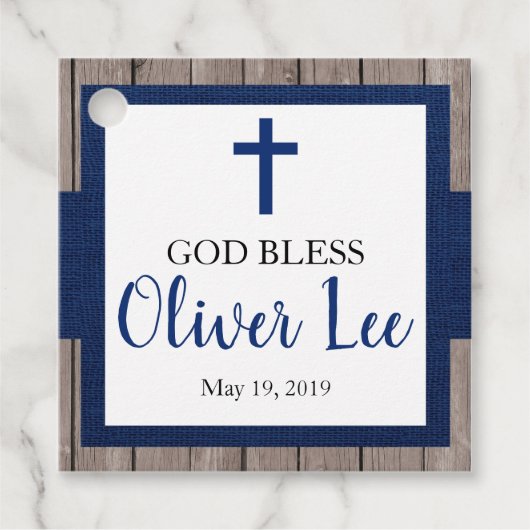 Rustic Boy Baptism Wood & Navy Bedankjes Labels (Voorkant)