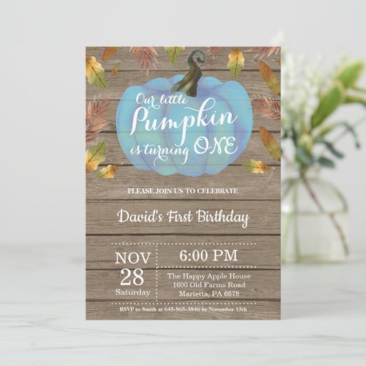 Rustic Boy Citrouille First Birthday Invitation Bl (Debout devant)