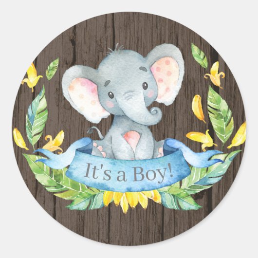 Rustic Boy Elephant Baby shower Blue Ronde Sticker (Voorkant)