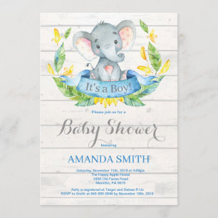 Rustic Boy Elephant Baby shower Invitation Blue Kaart