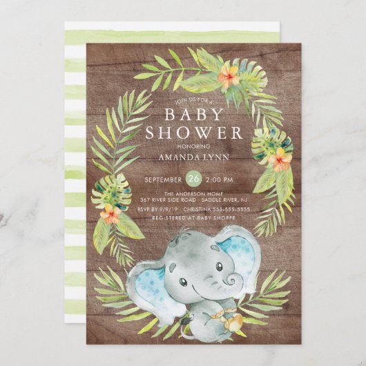 Rustic Boy Elephant Baby shower Invitation Kaart (Voorkant / Achterkant)