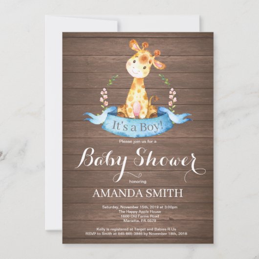 Rustic Boy Giraffe Baby shower Invitation (Devant)