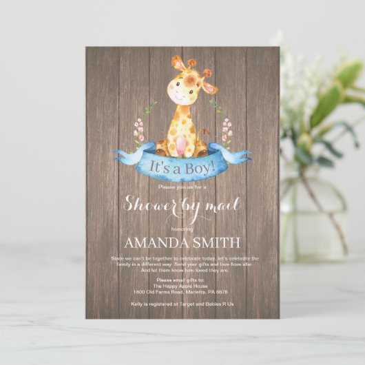 Rustic Boy Giraffe Baby shower par Mail Invitation (Debout devant)
