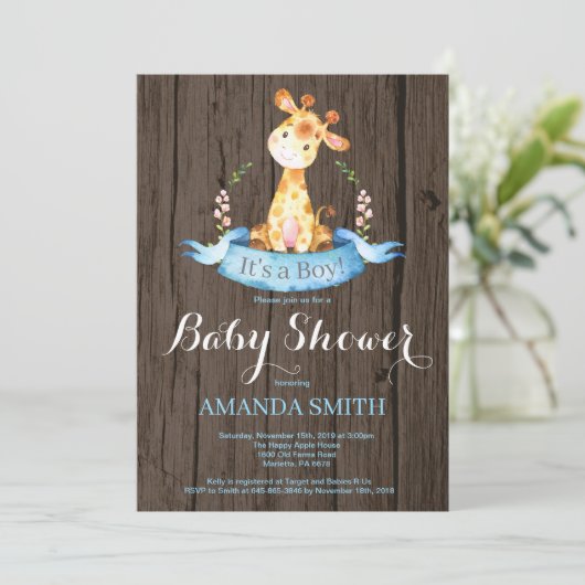 Rustic Boy Giraffe Baby shower Uitnodiging (Staand voorkant)