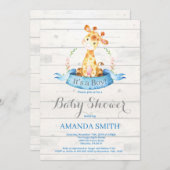 Rustic Boy Giraffe Baby shower Uitnodiging Blauw (Voorkant / Achterkant)