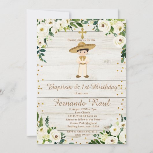 Rustic Boy Gold Baptism First Birthday Mexican Kaart (Voorkant)