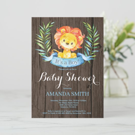 Rustic Boy Lion Baby shower Uitnodiging (Staand voorkant)