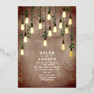 Rustic Brick  Lightbulb Botanical Wedding Folie Uitnodiging
