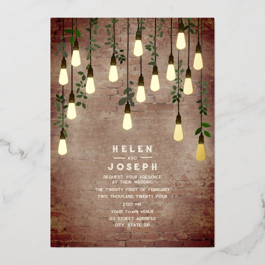 Rustic Brick  Lightbulb Botanical Wedding Folie Uitnodiging (Voorkant)