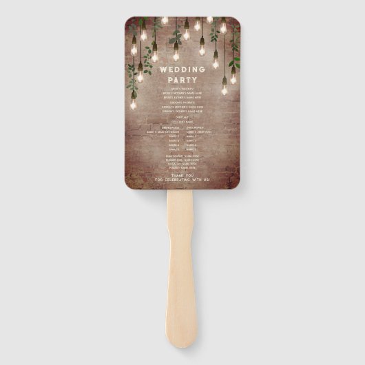 Rustic Brick Lightbulb Wedding Programme Handwaaier (Achterkant)