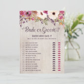 Rustic Bride of Groom Boho Vrijgezellenfeest Game Kaart (Staand voorkant)