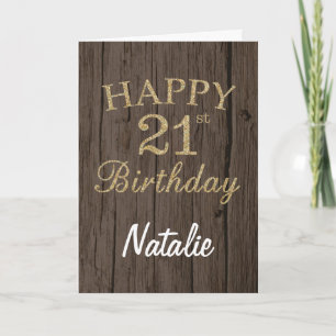 Rustic Brown and Gold Glitter 21st Birthday Card Kaart