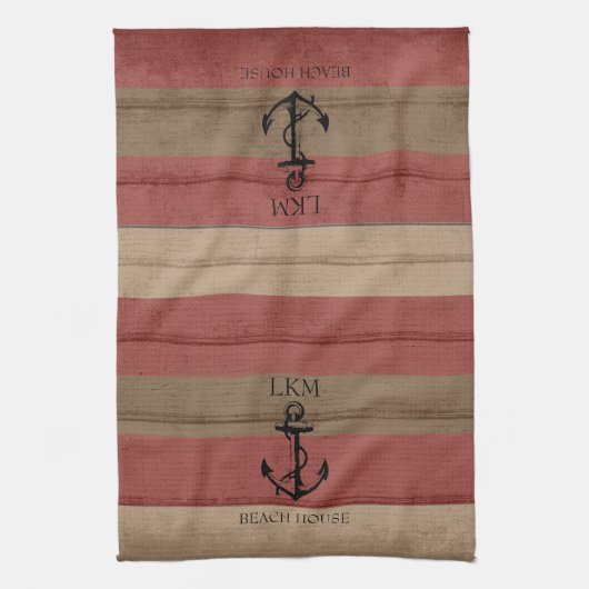 Rustic Brown and Red Wood Nautical - Monogram Theedoek (Verticaal)