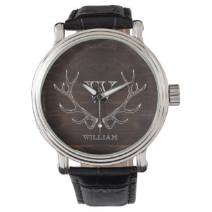 Rustic Brown Antler Monogrammed Groomsman Gift Horloge