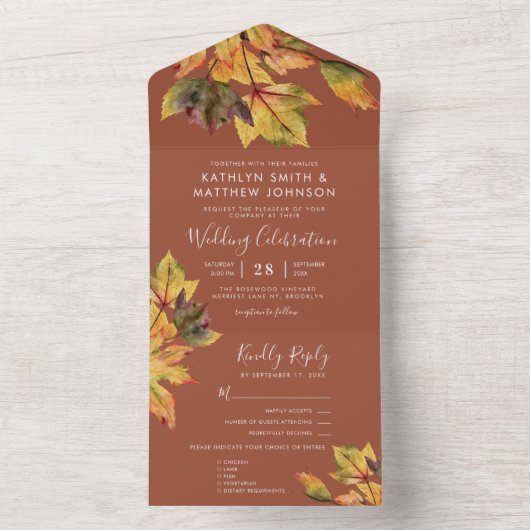 Rustic Brown Autumn Foliage Fall Wedding All In One Uitnodiging (Binnen)