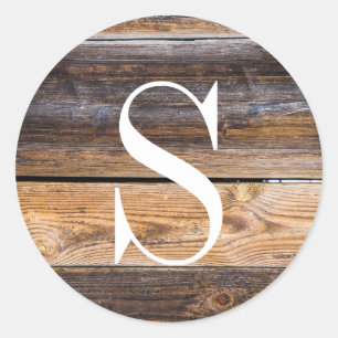 Rustic Brown Barn Wood Texture Monogram Ronde Sticker