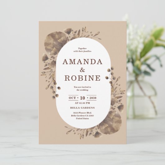 Rustic Brown Botanical Wedding Invitation Kaart (Staand voorkant)