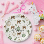 Rustic Brown Bows Cream Green Christmas Papieren Bordje (Feest)