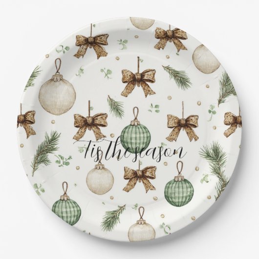 Rustic Brown Bows Cream Green Christmas Papieren Bordje (Voorkant)