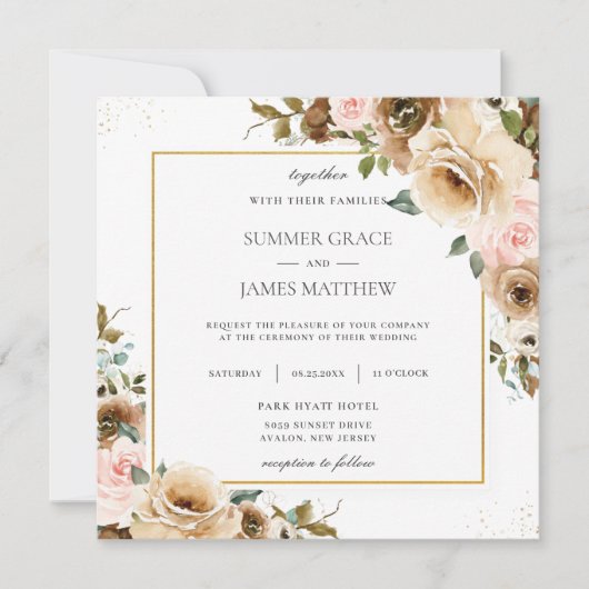 Rustic Brown Cream Blush Floral Greenery Invitatio Kaart (Voorkant)