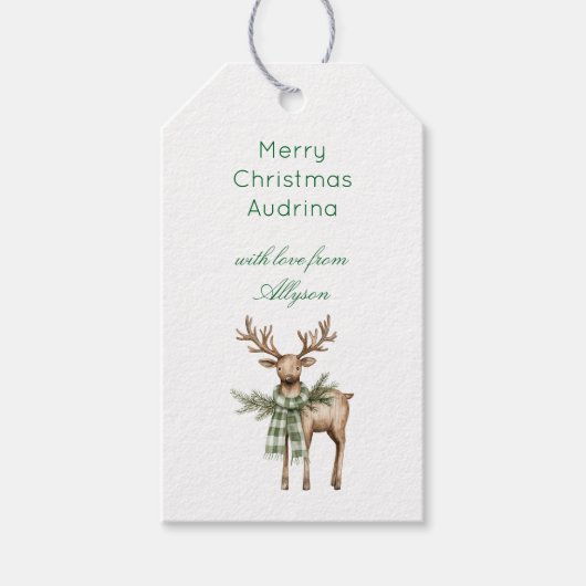Rustic Brown Cream Green Christmas Deer Cadeaulabel (Voorkant)