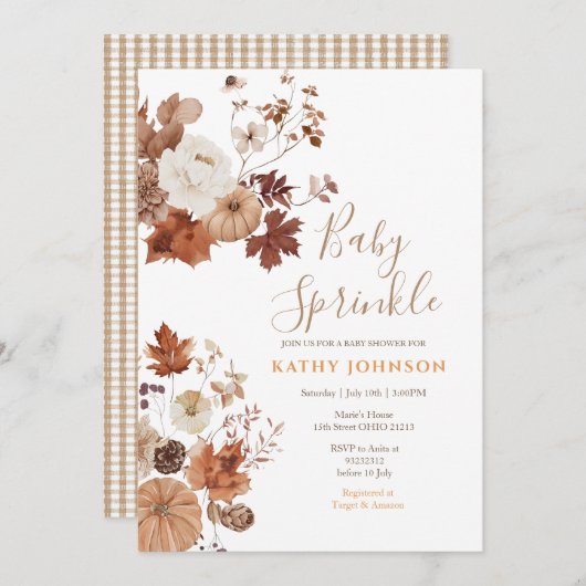 Rustic Brown Floral Fall Baby Sprinkle Invitation Kaart (Voorkant / Achterkant)