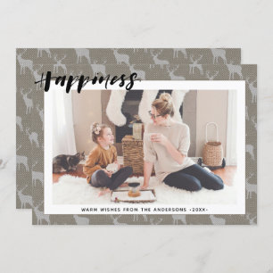 Rustic Brown Grey Burlap Simple Script HAPPINESS Feestdagenkaart