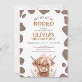 Rustic Brown Highland Cow First Rodeo 1st Birthday Kaart (Voorkant)