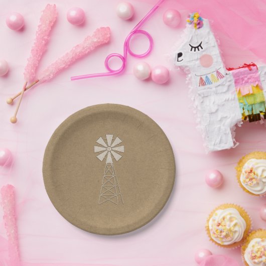 Rustic Brown Kraft Boerderij Windmill Modern Weddi Papieren Bordje (Feest)
