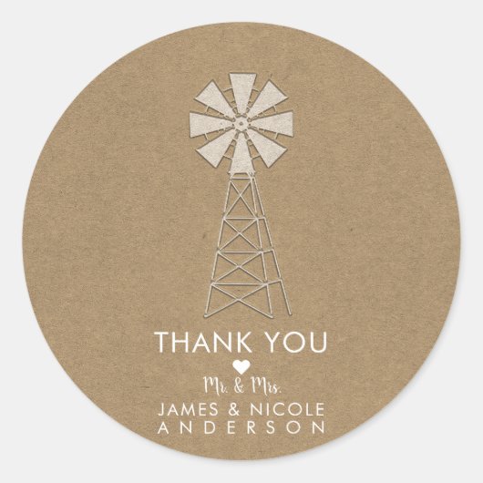 Rustic Brown Kraft Boerderij Windmill Modern Weddi Ronde Sticker (Voorkant)