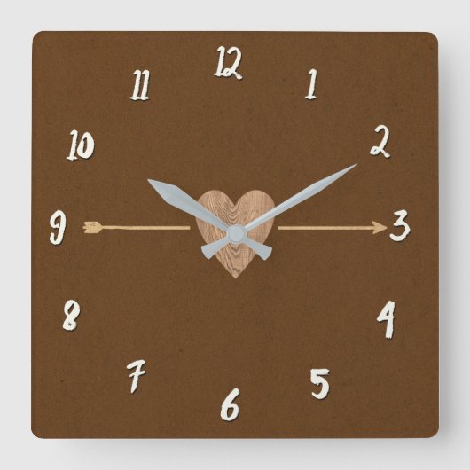 Rustic Brown Kraft Wood Heart & Arrow Vierkante Klok (Voorkant)