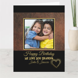 Rustic Brown Leather Happy Birthday Grandpa Photo Kaart