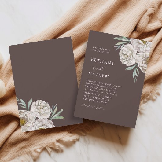 Rustic Brown & Off White Floral Wedding Kaart