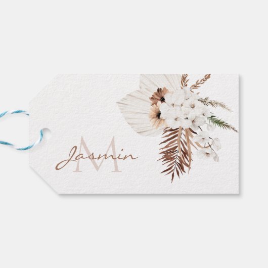 Rustic Brown Pampas Grass White Orchids Monogram Cadeaulabel (Achterkant Horizontaal)