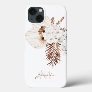 Rustic Brown Pampas Grass White Orchids Monogram iPhone 13 Hoesje
