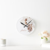 Rustic Brown Pampas Grass White Orchids Monogram Ronde Klok (Huis)