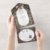 Rustic Brown Pine Winter Sparkle QR All In One Uitnodiging (Afscheurbaar)