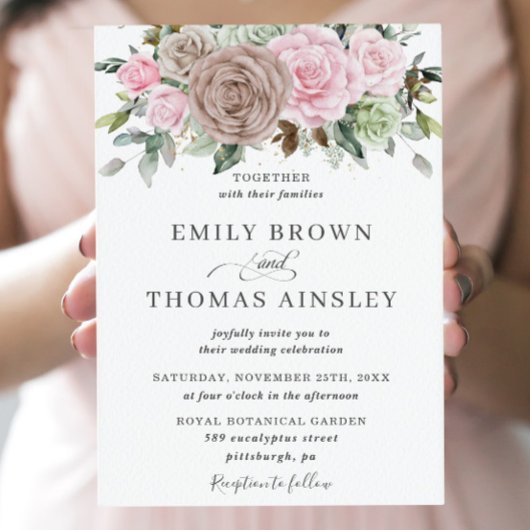 Rustic Brown Pink Sage Floral Greenery Wedding Kaart