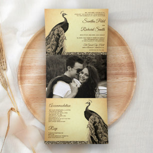  Rustic Brown Sepia Indian Peacock Wedding Drieluik Uitnodiging