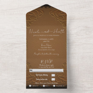 Rustic Brown Stitched Leather Photo Wedding All In One Uitnodiging
