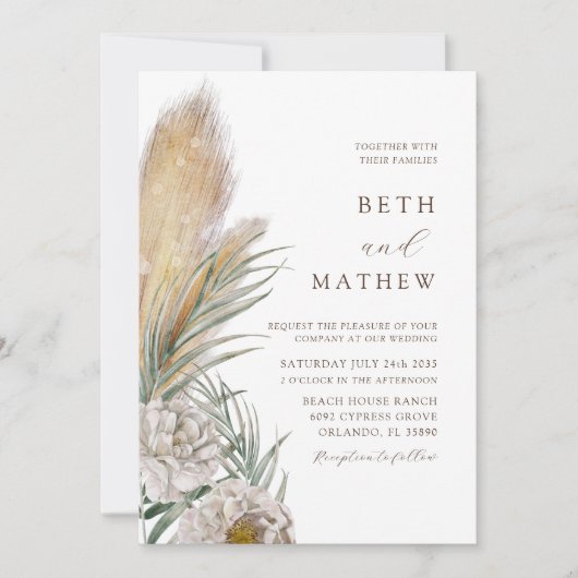 Rustic Brown Typography Pampas Wedding Kaart (Voorkant)