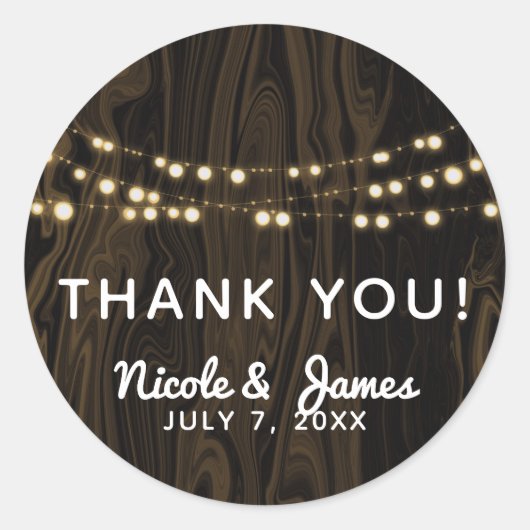 Rustic Brown Whimsical Wood String Lights Wedding Ronde Sticker (Voorkant)