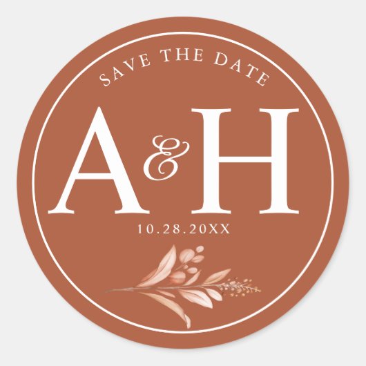 Rustic Brown White Monogram Save the Date Wedding Ronde Sticker (Voorkant)