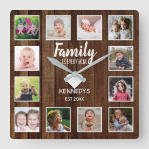 Rustic Brown Wood 12 Foto Collage Family Quote Vierkante Klok