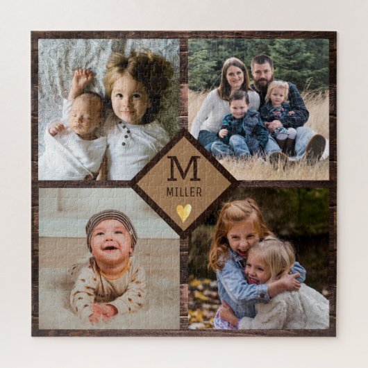 Rustic Brown Wood 4 Familie Foto Collage Monogram Legpuzzel (Verticaal)