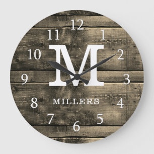 Rustic Brown Wood Family Name Monogramed Grote Klok