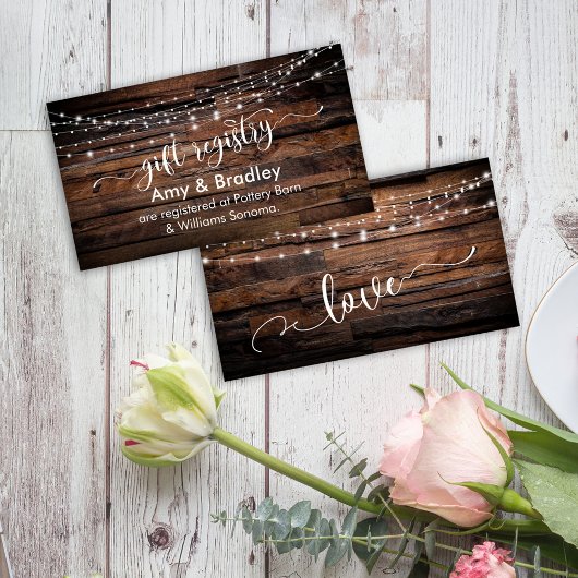 Rustic Brown Wood & Lights, Wedding Gift Registry Informatiekaartje